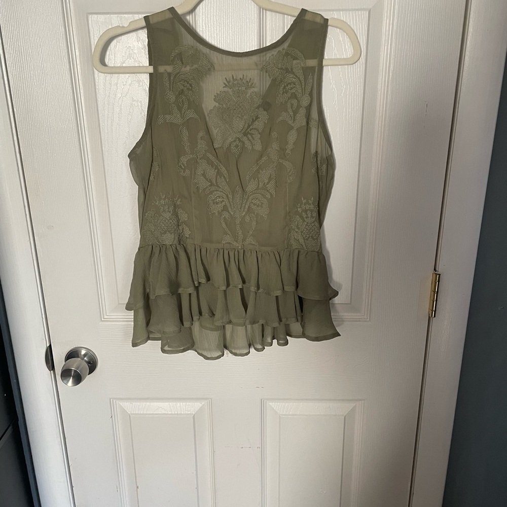 Guess Olive Green Embroidered Ruffle Blouse